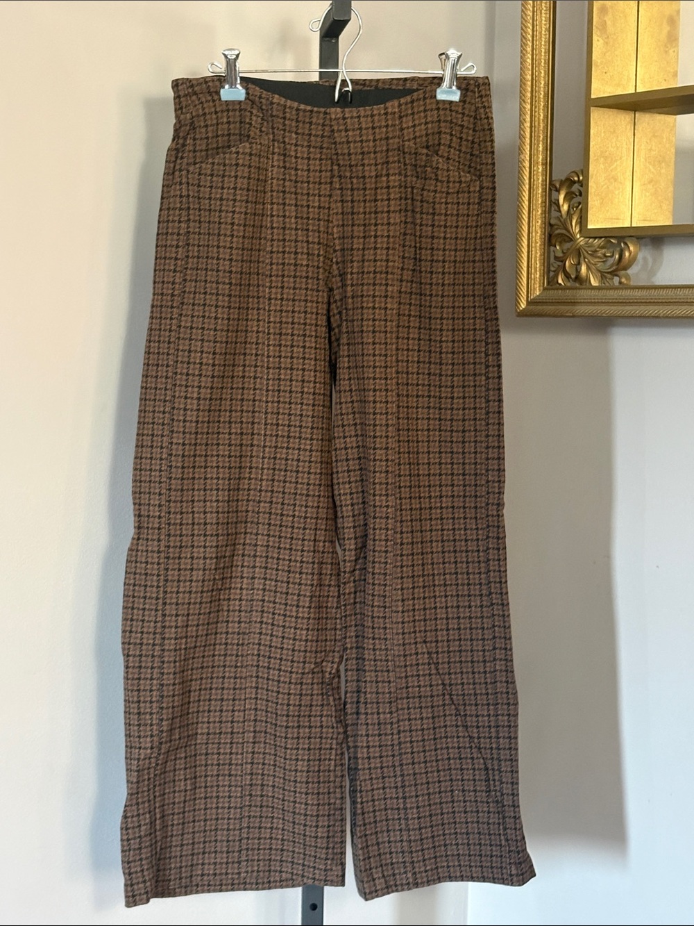 High Rise Pixie Wide Leg Small Petite Brown Houndstooth Pants - Picture 2 of 5